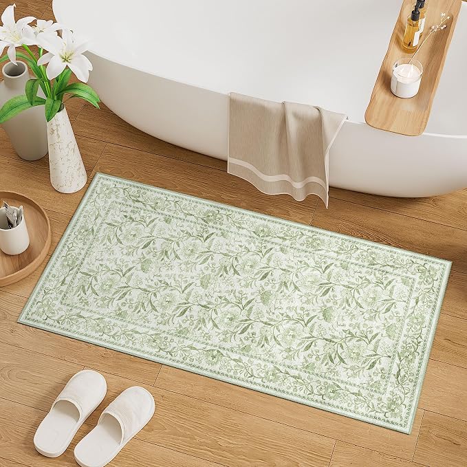 DUKINO 2x4 Rug, Washable Vintage Floral Entryway Rug Non Slip, Sage Green | Low Pile, Non-Shedding, Stain Resistant Boho Lightweight Soft Indoor Carpet for Kitchen Bathroom Hallway Laundry Farmhouse