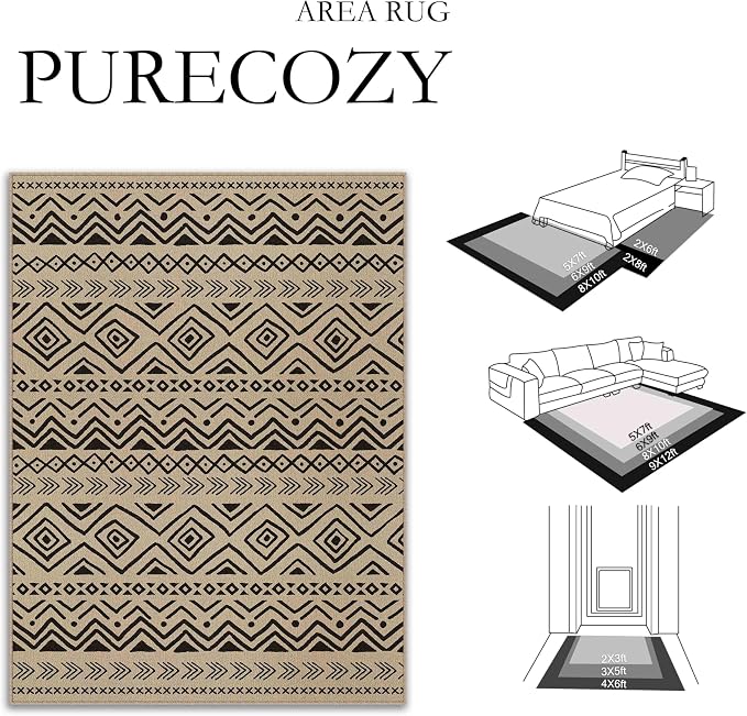 PureCozy 5x7 Easy Jute Outdoor Rug Black Boho Indoor Outdoor Area Rug Farmhouse Patio Carpet for Backyard, Patio, Porch, Living Room， Easy-Cleaning, High Traffic, Pet-Friendly, Non-Shedding