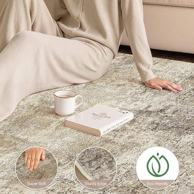 cotiled 6x9 Area Rugs Abstract Soft Non Slip Washable Living Room Rug | Stain Resistant, Robot Vacuum & Pet Friendly, Low-pile, For Living Room, Bedroom, Dining Table, Nursery Brown