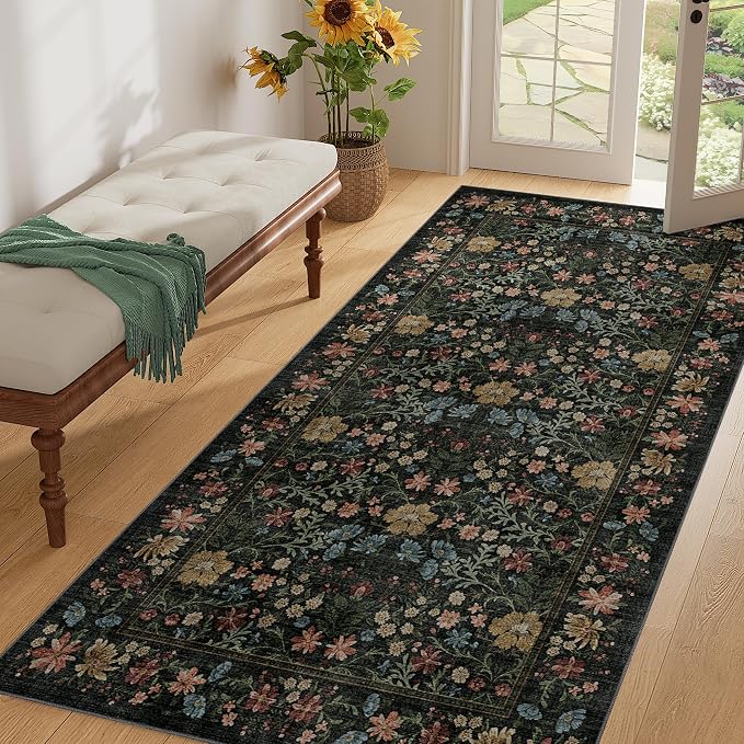 DUKINO 3x6 Kitchen Runner Rug, Washable Vintage Floral Area Rug, Black | Non Slip, Low Pile, Non-Shedding, Aesthetic Soft Indoor Carpet for Hallway Bedroom Entryway Laundry Room Bathroom Farmhouse
