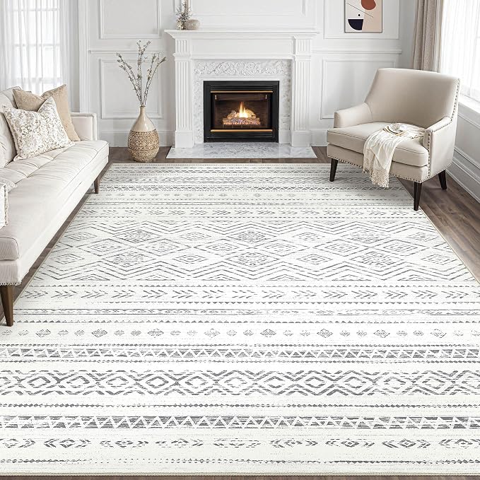 Tortania Area Rug Living Room Rugs- 8x10 Washable Large Soft Neutral Boho Moroccan Bohemian Farmhouse Rug Indoor Floor Carpet for Bedroom Under Dining Table Home Office Decor - Beige Gray