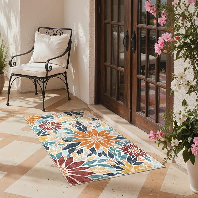 GENIMO 3x5 Outdoor Rug, Washable for Porch and Balcony, Rust Blue | Floral design for entryway; fade resistant chenille with quick-dry non-slip backing for indoor mudroom