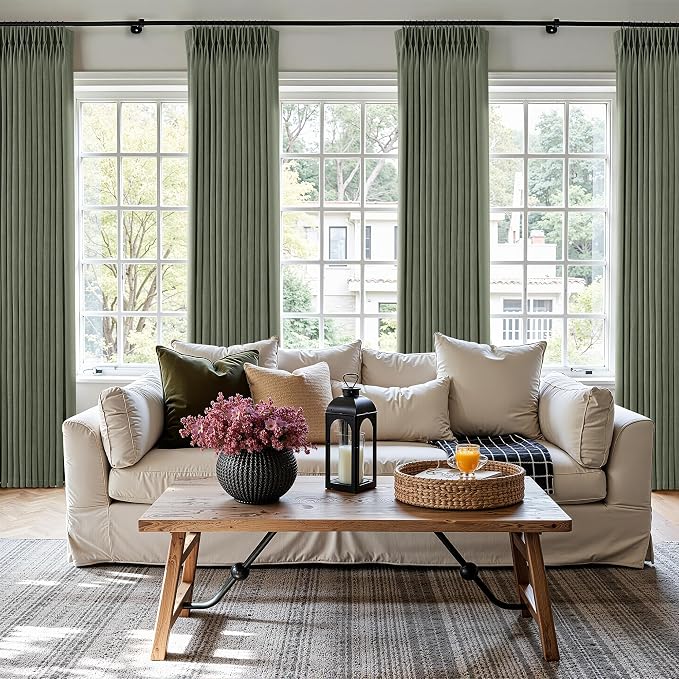 Sage Green Pinch Pleated Linen Curtains 84 Inches Long for Living Room Bedroom with Rings Hooks Clips Back Tab Semi Sheer Curtains Light Filtering Boho Farmhouse Drapes Light Green