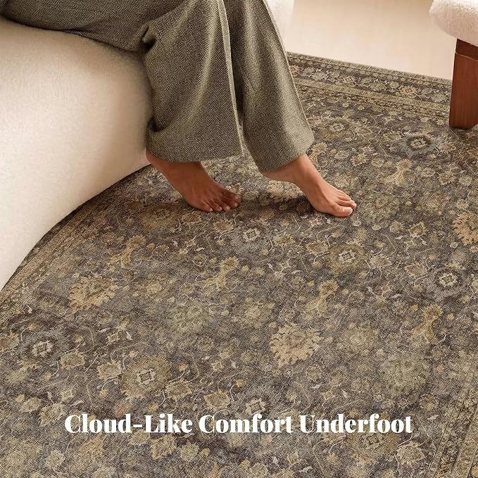 Boho Washable 10x14 Area Rugs for Living Room, Cushioned, Deep Brown | Vintage Non-slip Neutral Oriental Rugs for Bedroom Dining Room Nursery Office High Traffic Area