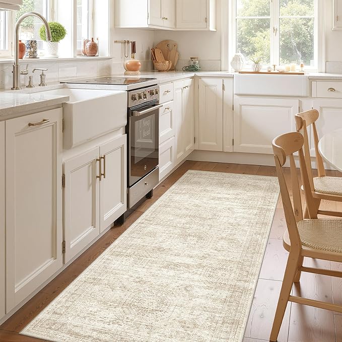 3x8 Runner Rug Non Slip,Washable Hallway Runner Rug,Beige | Neutral Rugs for Kitchen,Entryway,Bedroom,Bathroom,Nursery Room,Thin,Soft Runner Rug,Stain Resistant Indoor Carpet