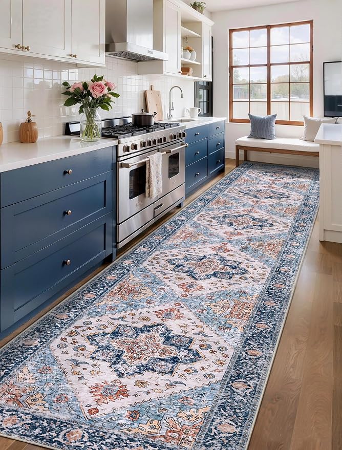 SERISSA Runner Rug for Hallways, 3x14 Washable Non Slip Kitchen Runner Rug, Extra Long Boho Rug Ultra Soft Vintage Blue Orange Print Floor Carpet for Bedroom Hallway Entryway Bathroom Laundry Room
