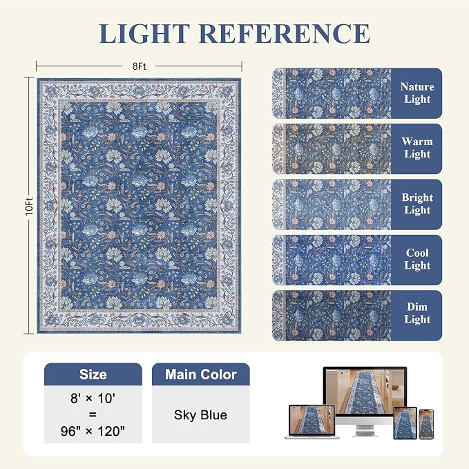 DUKINO 8x10 Area Rug Vintage Floral Washable Rug for Living Room, Sky Blue | Non Slip, Low Pile, Non-Shedding, Stain Resistant Boho Soft Indoor Large Carpet for Bedroom Dining Room Farmhouse, Home Decor