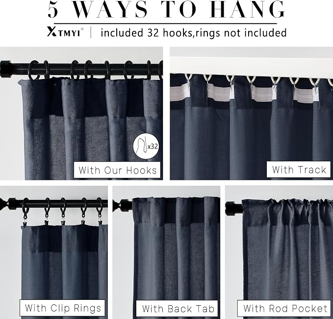 XTMYI Navy Blue Short Length Curtains for Windows,Linen Sheer Cutains for Bedroom Kitchen,45 Inch Long
