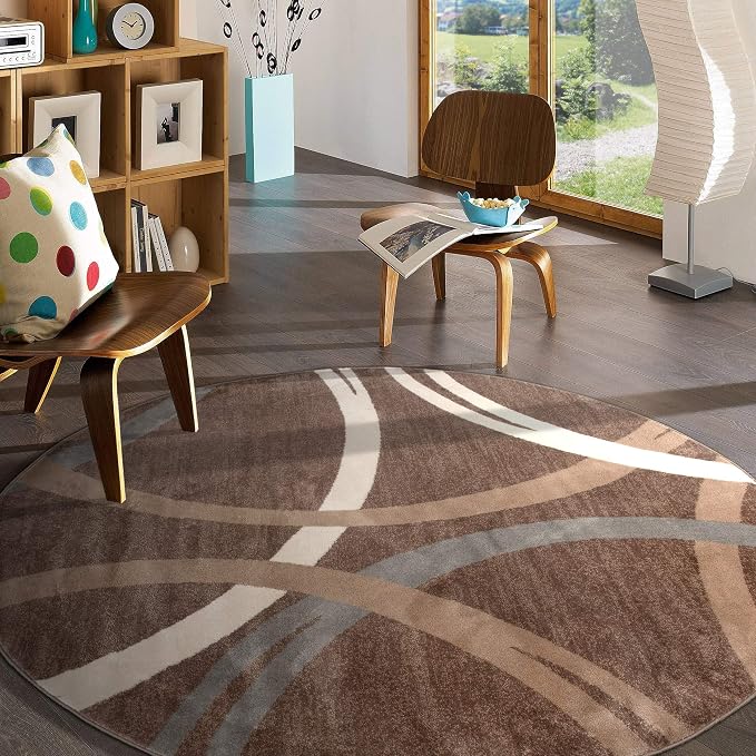Rugshop Wavy Circles Modern Jute Backing Living Room Round Rug Brown 8'