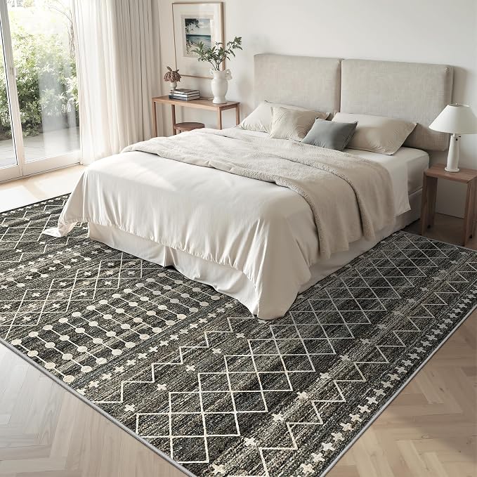 Miukiki 5x7 Area Rug for Living Room Moroccan Washable Rugs Non Slip Indoor Floor Carpet Foldable Large Soft Area Rug for Dining Room Bedroom with Low Pile(Black,5'x7')