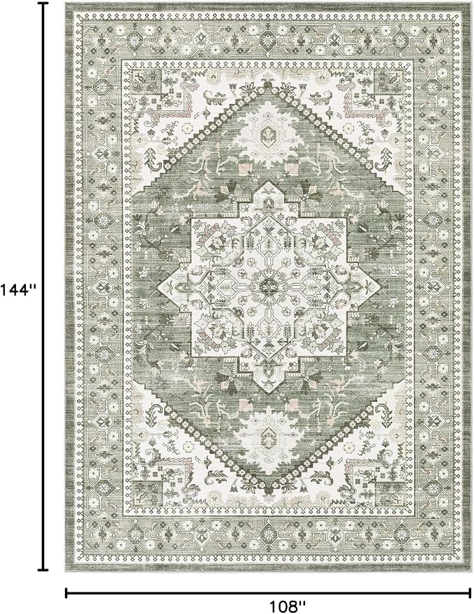 9x12 Vintage Area Rug: Washable Neutral Soft Non Slip Thin Large Floor Carpet for Living Room Bedroom Kitchen Dining Room Home Office Farmhouse Indoor - Green