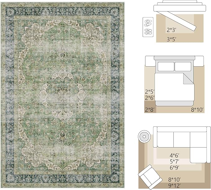 FMFUNCTEX 5x7 Green Washable Area Rug Vintage Distressed Oriental Non Slip Low Pile Neutral Indoor Carpet for Living Room Bedroom Soft Retro Floral Thin Large Rug for Dining Nursery Office Dorm