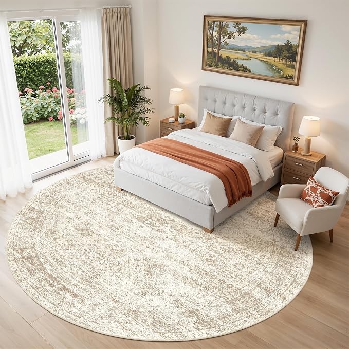 9ft Round Rug,Large Circle Rug for Dining Room Table,Beige | Washable Rugs for Kitchen,Entryway,Bedroom,Dining Room,Nursery Room,Thin,Soft Runner Rug,Stain Resistant Indoor Carpet