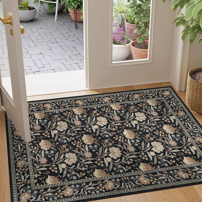 DUKINO 2x3 Rug, Washable Vintage Floral Bathroom Rugs Non Slip, Black | Low Pile, Stain Resistant Boho Soft Indoor Door Mat, Small Front Door Carpet for Entryway Kitchen Laundry Bedroom Farmhouse