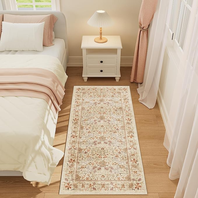 DUKINO 2x4 Rug, Washable Vintage Floral Bathroom Runner Rug, Beige | Non Slip, Low Pile, Stain Resistant, Aesthetic Lightweight Soft Indoor Carpet for Kitchen Entryway Hallway Bathroom Bedroom
