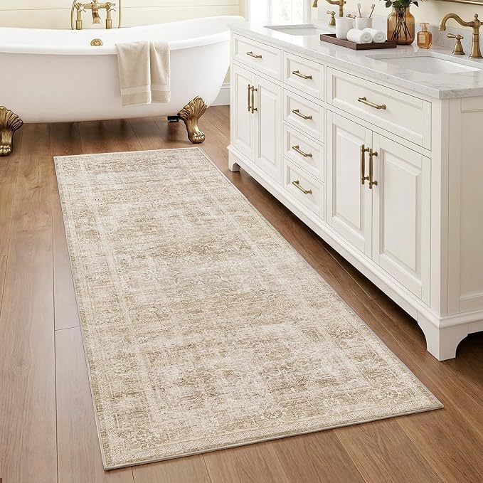Beauoop 2x6 Hallway Runner Rug Washable Beige Neutral Vintage Distressed | Cream Retro Non Slip Low Pile Oriental Soft Thin Indoor Carpet Rug Entryway Entrance Kitchen Laundry Bedroom Bathroom Bedside