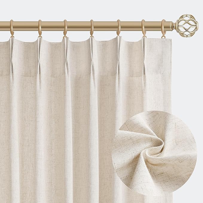 Aersas Linen Pinch Pleated Curtains 84 Inch Length 2 Panels Set for Living Room Cream Semi Sheer Window Curtain for Bedroom Boho Farmhouse Neutral Back Tab Drape Decor with Hooks, Natural Beige Ivory