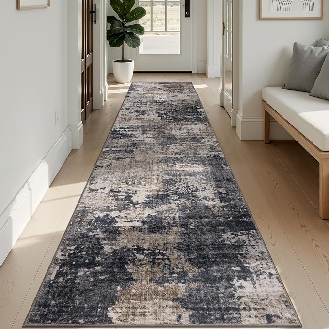 Sasttie 2x12 Soft Runner Rug for Entryway, Modern Abstract Washable Carpet for Hallway, Kitchen and Laundry Room, with Non-Slip Backing, Black and Beige