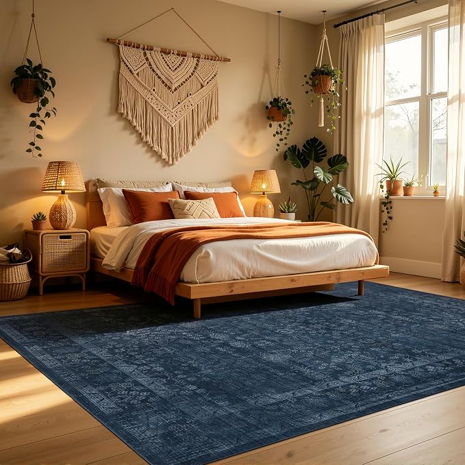 Ruaruarug Area Rug 8'×10', Non Slip Machine Washable Ultra Soft Stain & Fade Resistant, Pet & Kids Friendly, for Living Room/Bedroom/Kitchen/Classroom, Dark Blue