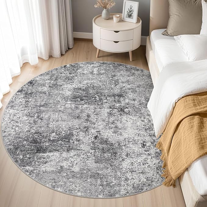 DMOYEST 5ft Round Area Rug Living Room Rugs - 5x5 Washable Large Soft Indoor Neutral Modern Abstract Low Pile Rug Carpet for Bedroom Dining Room Farmhouse Home Office - Grey