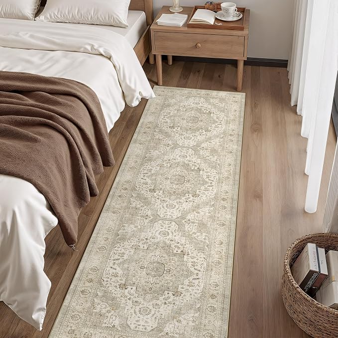 Washable 2.6x8 Hallway Runner Rug, Non Slip Kitchen Rugs Ivory/Beige | Low Pile rug, Stain Resistant, Distressed Rug Runners for Entryway, Living Room, Bedroom, Kitchen, Laundry