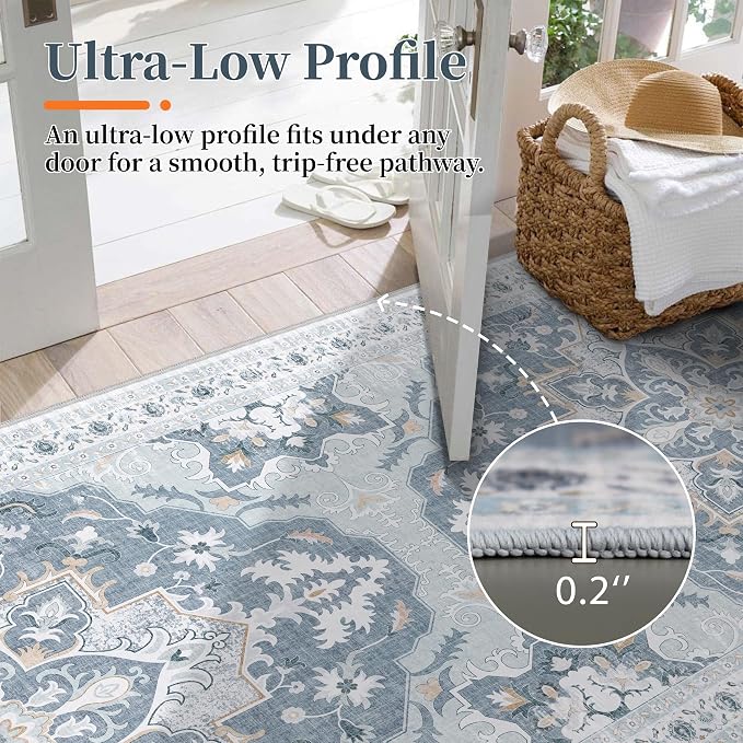 2x6 Runner Rug, Soft Non-Slip Vintage Medallion Rug, Low-Pile Printed Indoor Runners for Entryway, Hallways, Kitchen, Laundry Room, Bedside -Blue/Gray | Low-Pile Printed Indoor Runners for Entryway, Hallways, Kitchen, Laundry Room, Bedside