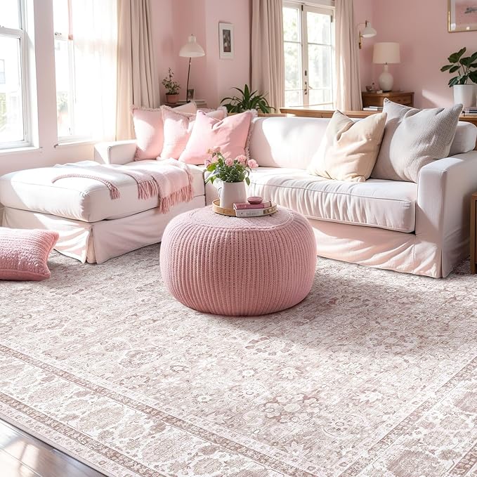 Light Pink 6x9 Rugs for Bedroom Nursery Rug Vintage Aesthetic Cute Boho Floral Washable Area Rug Indoor Carpet for Kids Room Playroom Living Room