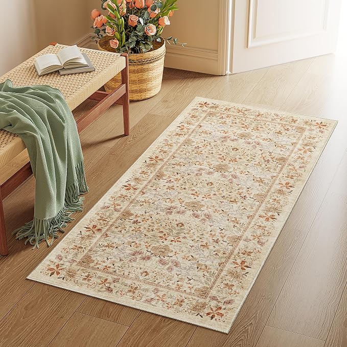 DUKINO 2x4 Rug, Washable Vintage Floral Bathroom Runner Rug, Beige | Non Slip, Low Pile, Stain Resistant, Aesthetic Lightweight Soft Indoor Carpet for Kitchen Entryway Hallway Bathroom Bedroom