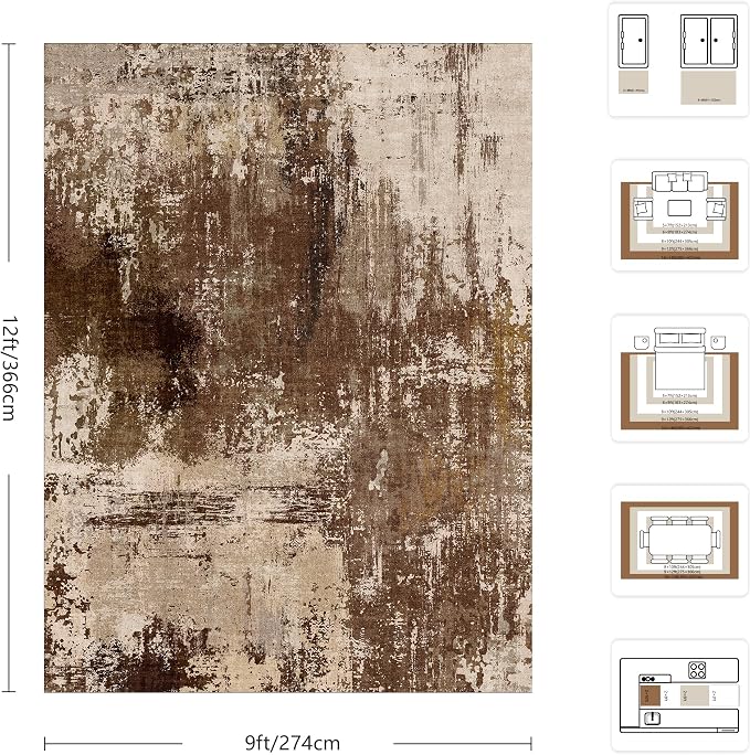 9x12 Area Rugs - Modern Abstract Washable Rug, Ultra Soft Non Slip Low Pile Large Brown Rugs for Living Room, Floor Carpet for Bedroom Dining Room Office Laundry Nursery Home