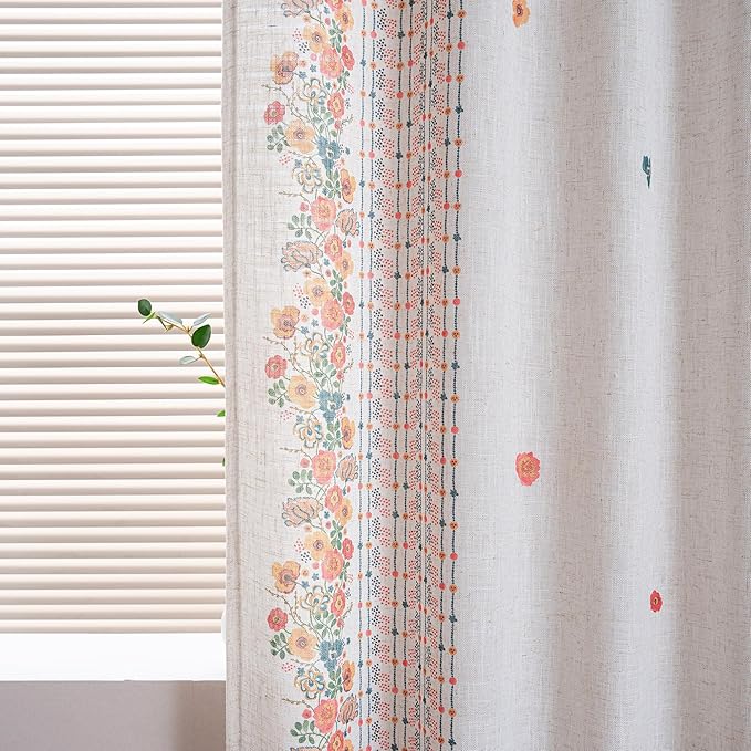 MYSKY HOME Boho Floral Curtains for Bedroom Linen Blended Semi Sheer Flower Curtains & Drapes 72 Inches Length 2 Panels Farmhouse Room Decor Style Back Tab for Dining Room, Yellow, 50" x 72"