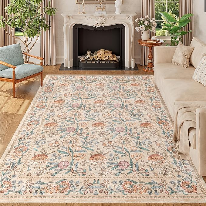 DUKINO 5x7 Area Rugs, Vintage Floral Washable Rug for Living Room, Beige | Non Slip, Low Pile, Non-Shedding, Stain Resistant Lightweight Boho Soft Carpet for Bedroom Home Office Dining Room Farmhouse