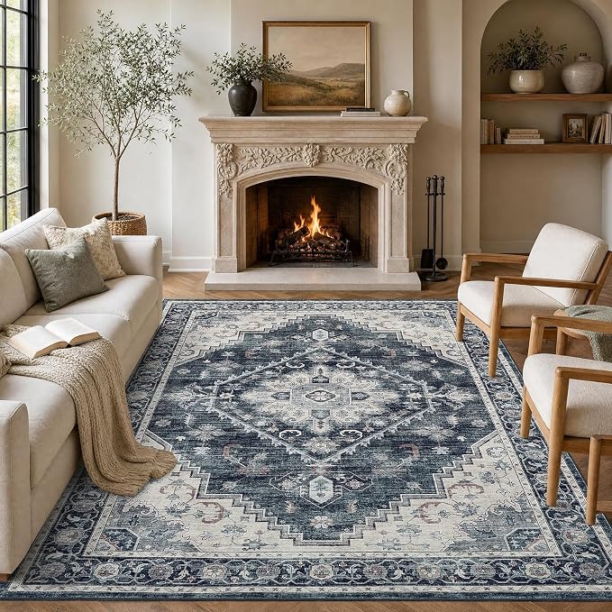 Garvee Navy Blue Washable 5x7 Area Rugs Boho Vintage Non-Slip Low-Pile Stain Resistant Soft Rugs for Bedroom Living Room Nursery Home Office Kitchen Room Decor