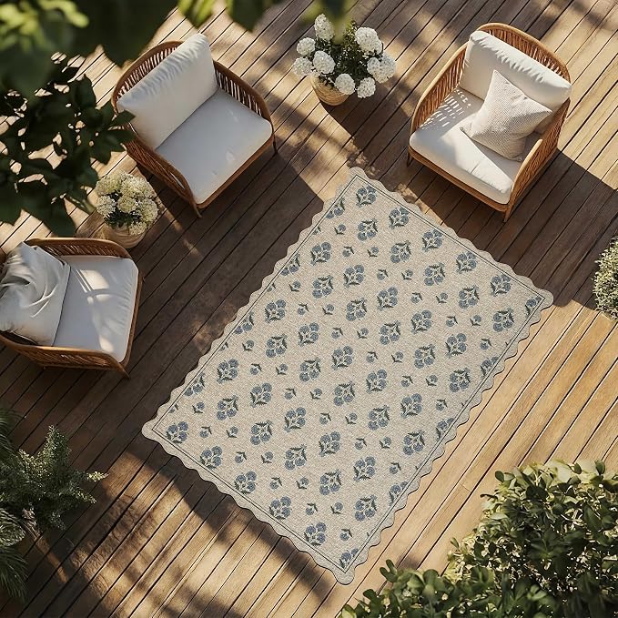 ORTIGIA Scalloped Easy Jute 5x7 Area Rug Vintage Blue Block Floral Farmhouse Washable Rug Non-Slip Indoor Outdoor Carpet for Living Room Bedroom Patio Entryway