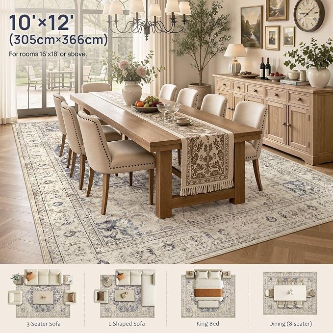 Tortania Area Rug Living Room Rugs - 10x12 Washable Boho Rug Vintage Oriental Distressed Farmhouse Large Thin Indoor Carpet for Living Room Bedroom Under Dining Table Home Office - Cream Blue