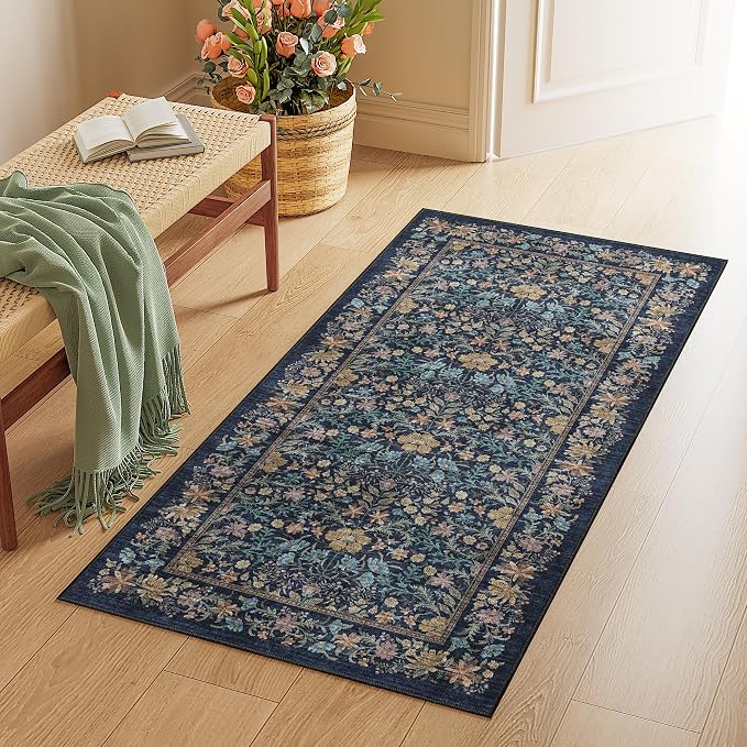 DUKINO 2x4 Rug, Washable Vintage Floral Bathroom Runner Rug, Dark Blue | Non Slip, Low Pile, Stain Resistant, Aesthetic Lightweight Soft Indoor Carpet for Kitchen Entryway Hallway Bathroom Bedroom