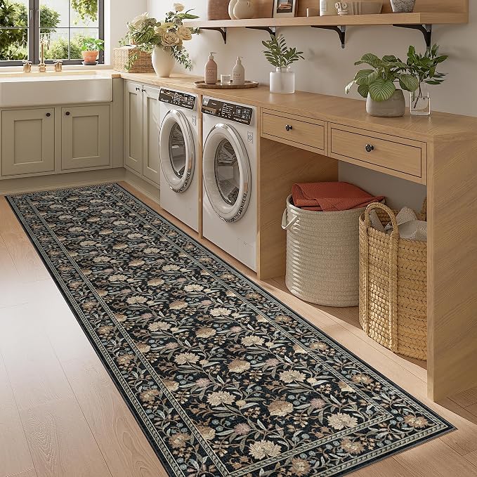 DUKINO 2.6x8 Runner Rug, Washable Vintage Floral Kitchen Runners Rug, Black | Non Slip, Low Pile, Non-Shedding Soft Carpet for Hallway Bathroom Laundry Entryway Bedroom Farmhouse, Kids and Pets Friendly