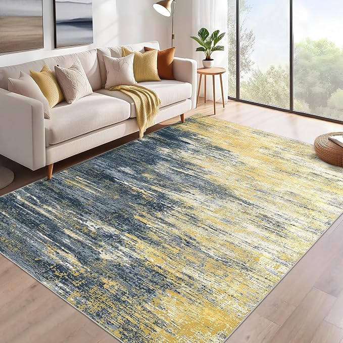 ROYHOME Modern Abstract Living Room Rug 8x10, Washable Area Rugs for Bedroom, Stain Resistant Non Slip Large Rug, Soft Indoor Carpet for Dining Room Table Home Decor, Yellow/Black