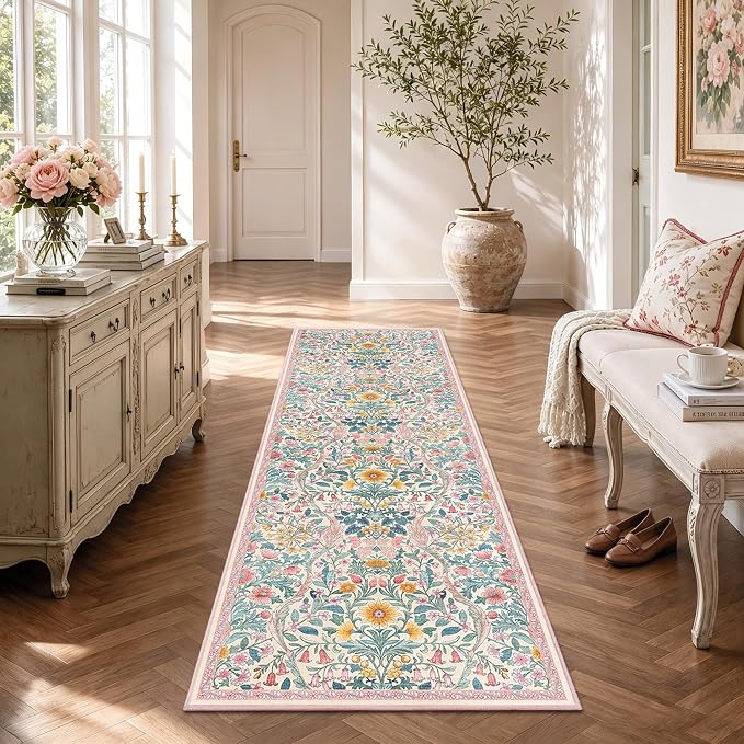 2x6 Washable Runner Rug,Pink Floral Boho Long Rug for Hallway,Low-Pile Non-Slip Stain Resistant Carpet for Kitchen, Bedside,Laundry Room,Entryway