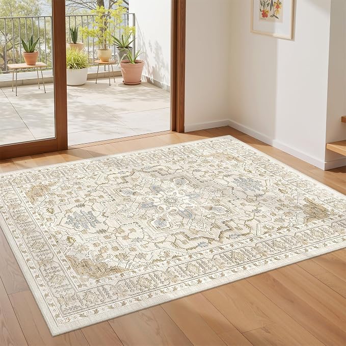 Area Rugs for Living Room - 4x6, Boho Non-Slip Low Pile Carpet Machine Washable Rugs for Bedroom Office, Dining Room (Beige)