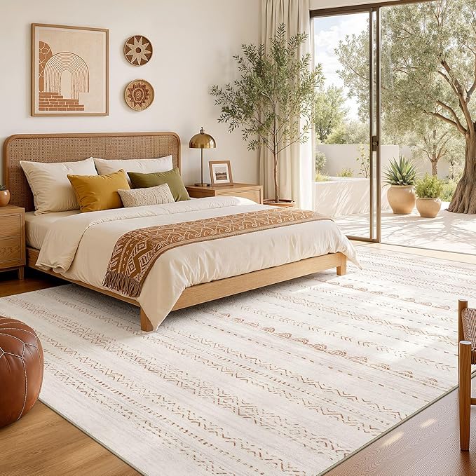 Nakagishi 5x8 Area Rug Living Room: Washable Boho Large Neutral Soft Farmhouse Rugs Stain Resistant Modern Indoor Floor Non-Slip Carpet for Bedroom Nursery Kids Playroom Office Dining Room Dorm- Brown