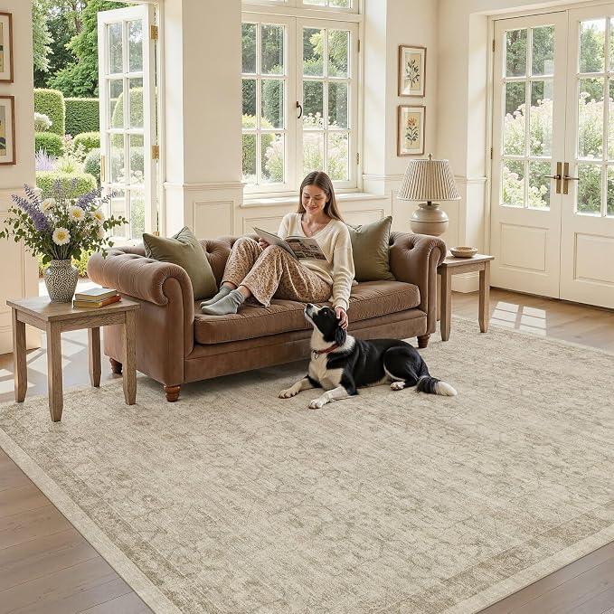 Nakagishi 6X9 Area Rugs Living Room: Washable Large Vintage Rug Neutral Non-Slip Soft Stain Resistant Indoor Carpet for Bedroom Nursery Dining Room Office Playroom - Vintage Brown
