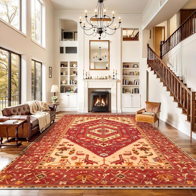 SERISSA 9x12 Area Rugs for Living Room, Large Washable Non-Slip Boho Rug, Ultra Soft Vintage Red Oriental Tribal Print Distressed Carpet for Dining Room Bedroom Dorm Office Home Decor