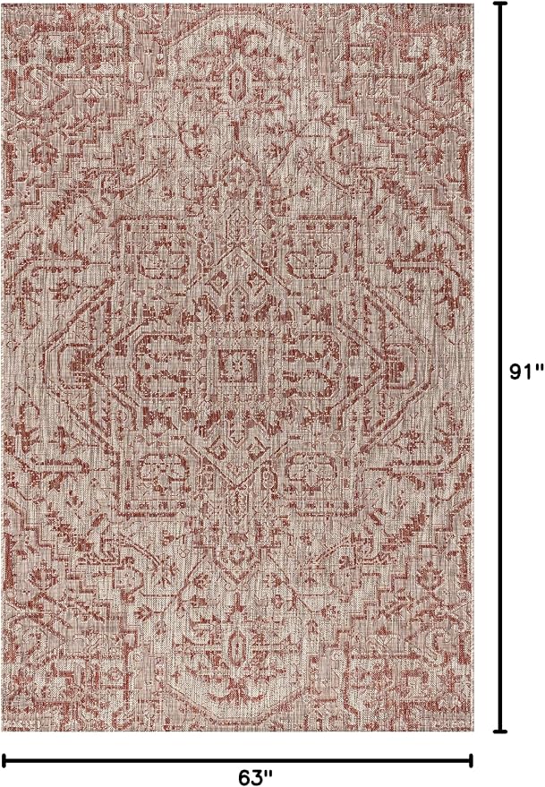 JONATHAN Y Boho Medallion Indoor Outdoor Area Rug 5X8 Red/Taupe, Estrella Textured Weave for Backyard, Patio, Porch, Easy-Cleaning, High Traffic, Pet-Friendly, Non-Shedding (SMB105A-5)