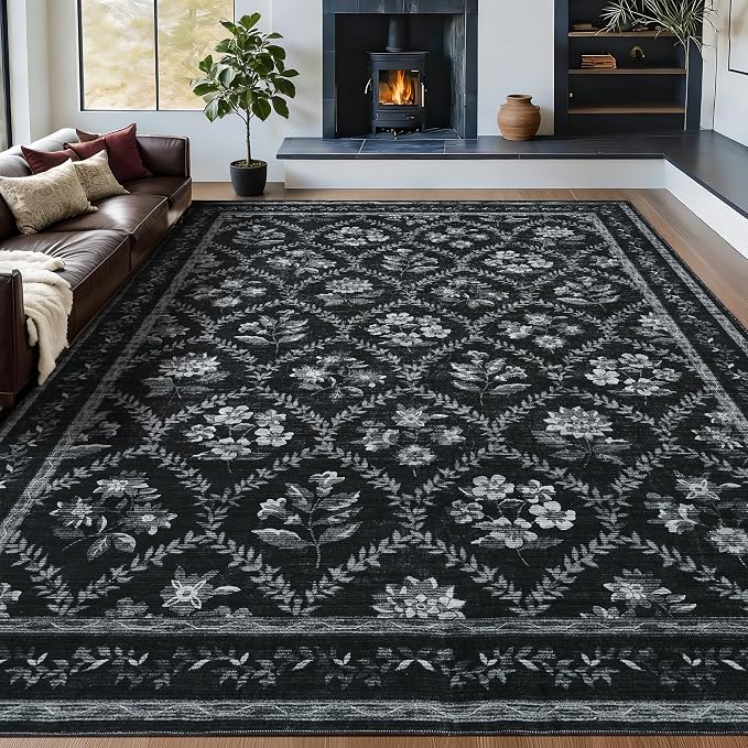 Black Floral 8x10 Area Rugs for Living Room, Black and White Bedroom Rug Boho Low-Pile Dining Room Washable Carpet 8x10, Vintage Soft Indoor Non-Slip Floor Carpet Nursery Kids Playroom