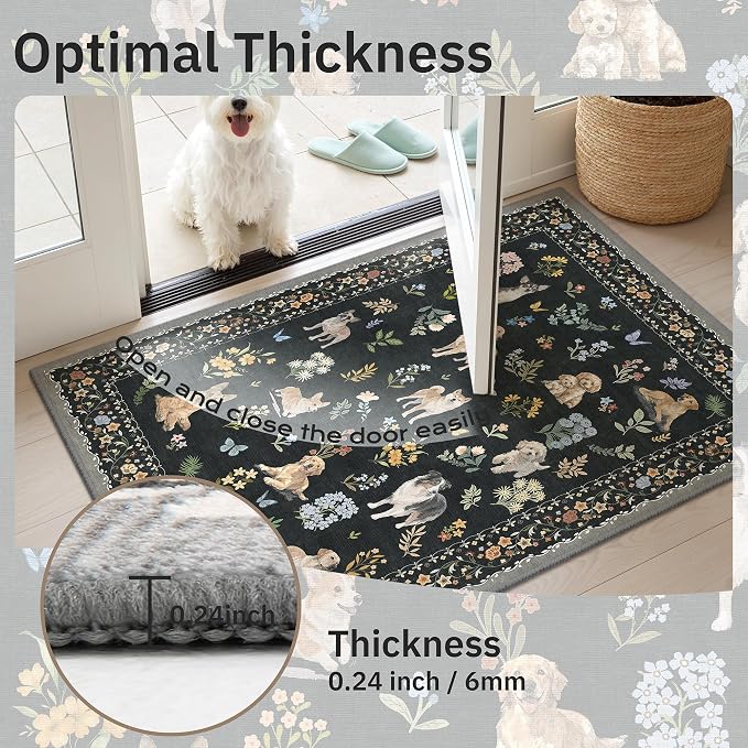 Soalmost Dog 9x12 Area Rugs for Living Room, Washable Animal Soft Rug Black | Floral Vintage Non-Slip Low Pile Cute Throw Large Rugs for Classroom Bedroom Dining Room Nursery Playroom 9' x 12'