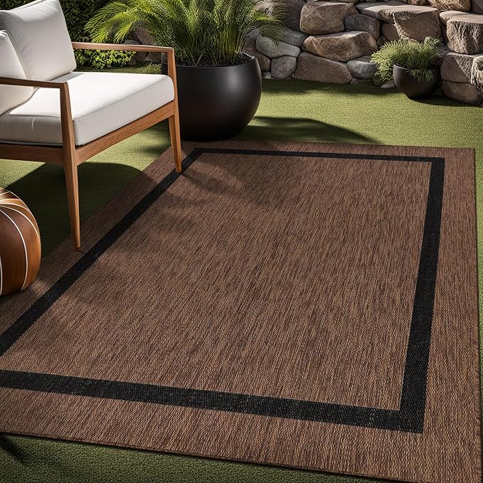 Luul Home Bordered Outdoor Rug 10x14 Washable Outside Carpet for Indoor Patio Porch Waterproof Easy Cleaning Non Shedding Area Rugs Nut Brown - Black 10 x 14