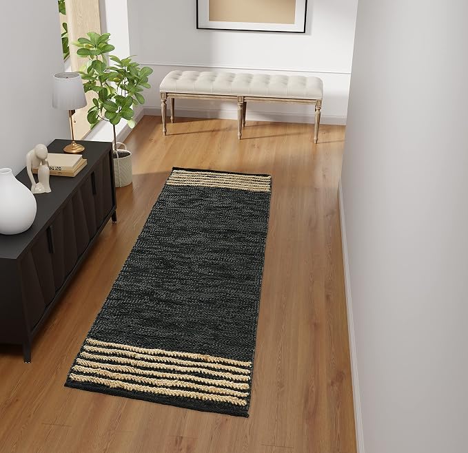 GRUHUM Jute Runner Rug 2'6"x 8' ft Natural Fiber Leather Black Jute Area Rug Handwoven Boho Farmhouse Braided Rustic Vintage Ecofriendly Indoor Rugs for Kitchen Living Room Bedroom Hallways Entryways