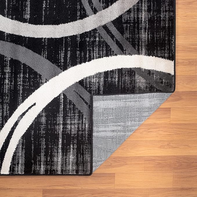 Rugshop Wavy Circles Modern Fade-Resistant Runner Rug Black 2' x 10'
