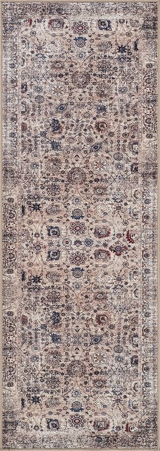 Bloom Rugs Washable Non-Slip 12 ft Runner - Light Tan/Blue Traditional Oriental Runner for Entryway, Hallway, Bathroom, and Kitchen - Exact Size: 2.5' x 12'