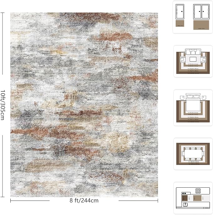 8x10 Area Rugs, Abstract Morden Soft Washable Rug, Non-Slip Low Pile Rugs for Living Room, Bedroom, Dining Room, Home, Office(Grey & Brown)